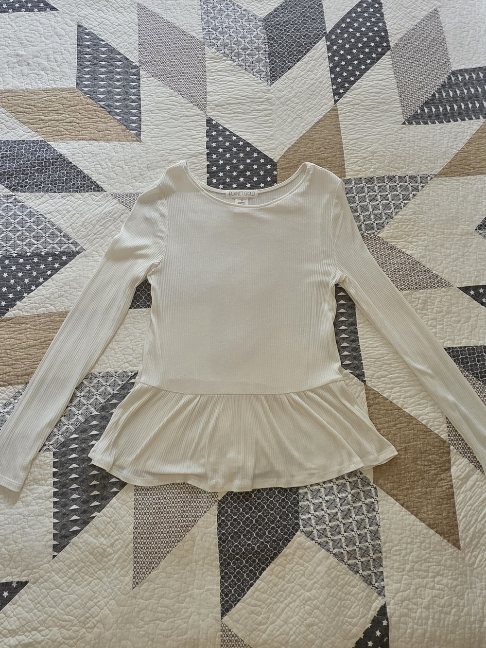 Planet Gold Ivory Ribbed Peplum Long-Sleeve Top